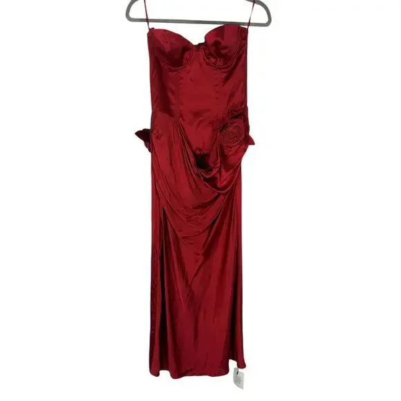 LPA Ilaria Corset Midi Dress Strapless Rosette Formal Party Elegant Red Size S